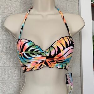 Sundazed PARADISE PALM Nixie Scallop Ruffle Pink Orange Bikini Top Size 32C NWT